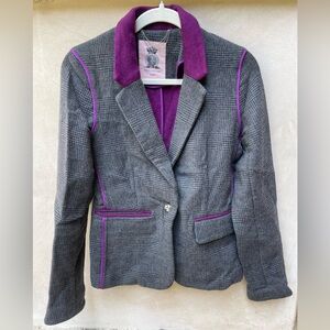Juicy Couture Gray Plaid Plaid Wool Blend Jacket Blazer Purple Trim